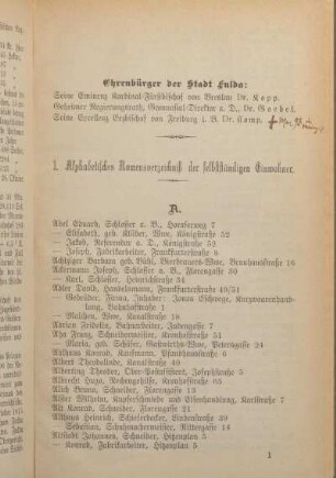I. Alphabetisches Namensverzeichniß der selbstständigen Einwohner