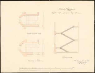 Schloss Kynau Umbau: Gusseiserne Haupttreppe in 2 Grundrissen (Parterre, 1. Obergeschoss) und Schnitt, Maßstabsleisten (Meter und Fuß rhl.)