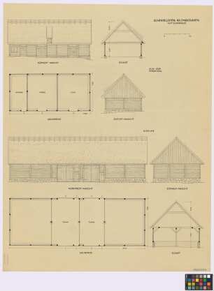 Schwirgsden [Königsgarten] (Landkreis Darkehmen, Angerapp): Schinnagel [Schimagel]. - Kuh- und Pferdestall (Süd-West-Seiten-Ansicht, Querschnitt, Grundriss, Süd-Ost-Giebel-Ansicht). - Scheune (Nord-West-Seiten-Ansicht, Süd-West-Giebel-Ansicht, Grundriss, Querschnitt)