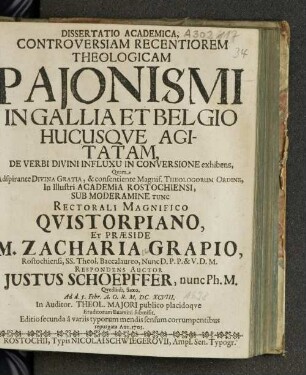 Dissertatio Academica, Controversiam Recentiorem Theologicam Pajonismi In Gallia Et Belgio Hucusqve Agitatam, De Verbi Divini Influxu In Conversione exhibens,