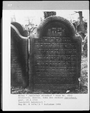 Grabstein des Aberle, Sohn des Jechil Carlebach (gestorben 1760.02.29)