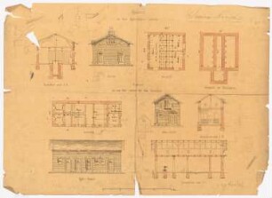 Seminargebäude, Aurich: Appartementgebäude: Grundriss EG, Fundamente, Aufriss, Schnitt AB; Stallgebäude: Grundriss, 2 Aufrisse, 2 Schnitte