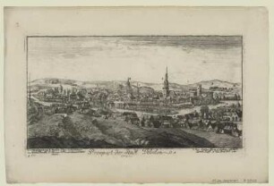 Ansicht von Döbeln, Stich, um 1740? : Prospect der Stadt Döbelen : saxe. - [S.l.] , [um 1740]. - 1 Kunstbl. : Stich ; 25 x 13 cm +++ Mit Erl.