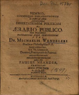 Dissertationem Politicam de Aerario Publico