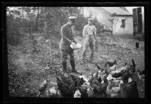 Nicht identifizierbare Ortschaft in Nordfrankreich oder Belgien: Offizier mit Schirmmütze und Futterschüssel und ein Mann in Zivil neben vielen Hühnern in einem Hühnerhof, im Hinterhof ein landwirtschaftliches Gebäude (Nahaufnahme)