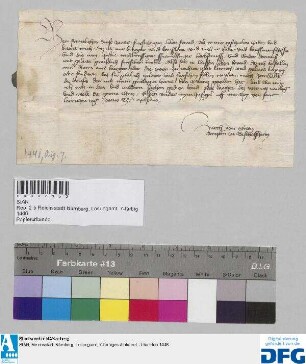 Zuerch von Steten, Amtmann zu Bischofheim, sagt im Auftrage des Erzbischofs von Mainz der zur Frankfurter Herbstmesse reisenden Nürnberger Kaufmannschaft Geleite zu.