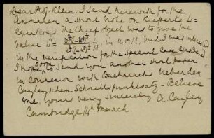 Nr. 16: Postkarte von Arthur Cayley an Felix Klein, Cambridge, 14.3.1887
