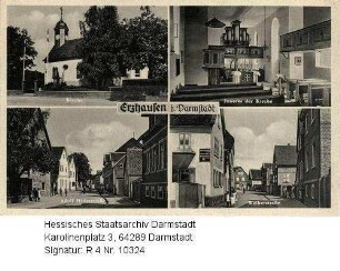 Erzhausen, Einzelansichten / 1. Reihe v. l. n. r.: Kirche, Außenansicht; Kirche, Interieur / 2. Reihe: Adolf Hitlerstraße; Weiherstraße