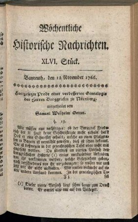 XLVI. Stück. Bayreuth, den 12. November 1766.