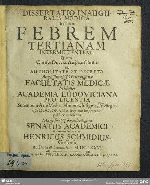 Dissertatio Inauguralis Medica Exhibens Febrem Tertianam Intermittentem