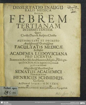 Dissertatio Inauguralis Medica Exhibens Febrem Tertianam Intermittentem