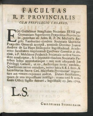 Facultas R. P. Provincialis Cum Privilegio Caesareo