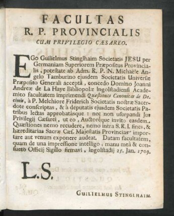 Facultas R. P. Provincialis Cum Privilegio Caesareo