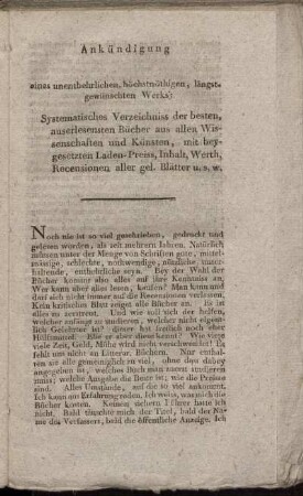 Ankündigung eines unentbehrlichen, höchstnöthigen, längstgewünschten Werks [...]