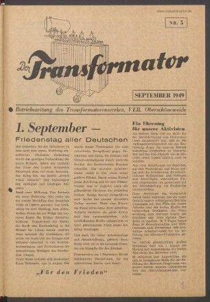TRO-Betriebszeitung 'Der Transformator'; Nr. 5/1949 (September 1949)
