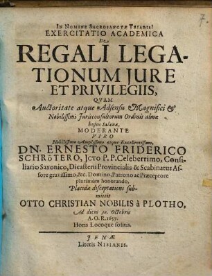 Exercitatio Academica De Regali Legationum Iure Et Privilegiis