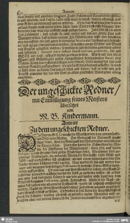 Der ungeschickte Redner, mit Einwilligung seines Meisters übersetzet von M. B. Kindermann