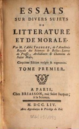 Essais Sur Divers Sujets De Litterature Et De Morale, 1