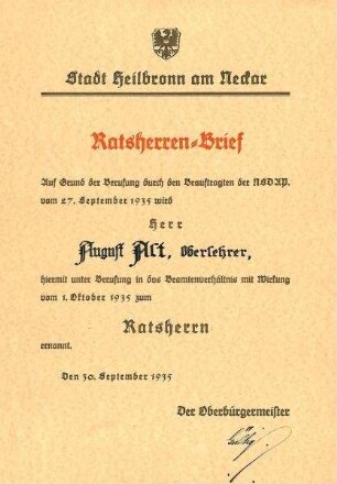 "Ratsherren-Brief", ausgestellt für August Alt, Oberlehrer [in Böckingen]
