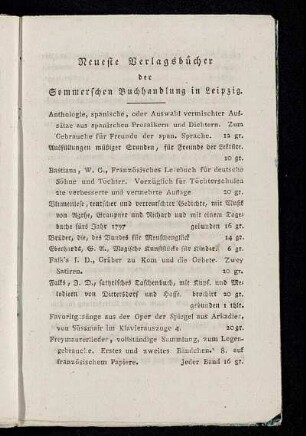 Neueste Verlagsbücher der Sommerschen Buchhandlung in Leipzig.