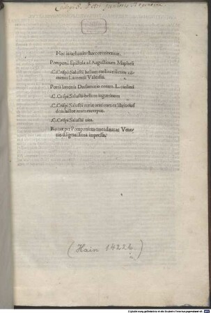 Opera : mit Vita Sallustii und Widmungsbrief an Augustinus Maffeius von Julius Pomponius