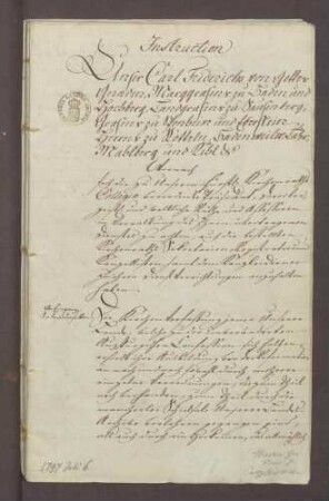 Markgraf Karl Friedrich von Baden-Durlach erlässt seine Kirchenrats-Instruktion
