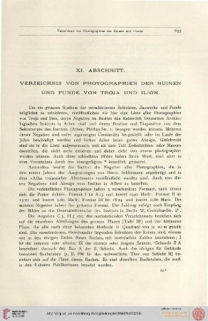 XI. Verzeichnis von Photographien der Ruinen uznd Funde von Troja und Ilion (W. Dörpfeld)