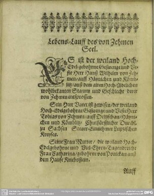 Lebenslauf : Lebens-Lauff des von Zehmen Seel