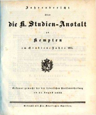Jahresbericht über die Königl. Studien-Anstalt zu Kempten : für das Schuljahr .., 1837/38 (1838)