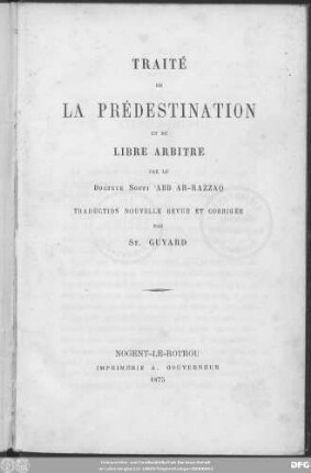 Traité de la prédestination et du libre arbitre