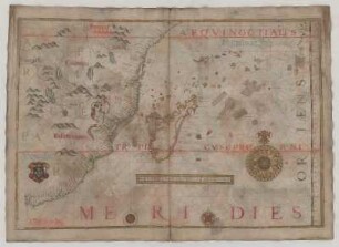 Seekarte, Handzeichnung, 1568, Bl. 26 Indischer Ozean, Straße von Mosambik, Afrika (Südöstlicher Teil). Madagaskar, Seychellen