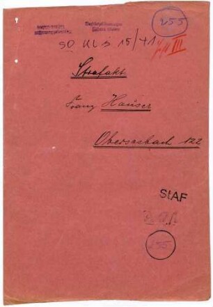Angeklagter: Hauser, Franz (Landwirt); Obersasbach *14.08.1892 in Sasbachwalden; + ? Delikte: Verbrechen gegen die Kriegswirtschaftsverordnung Schwarzschlachtung Tatort: Obersasbach Tatzeit: November 1939-Dezember 1940