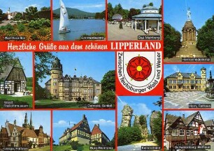Postkarte. Herzliche Grüße aus dem schönen Lipperland. Bad Salzuflen, Emmerstausee, Bad Meinberg, Hermannsdenkmal, Horn - Rathaus, Schwalenberg - Rathaus, Externsteine, Westf. Freilichtmuseum, Detmold - Schloß, Lemgo - Rathaus, Burg Blomberg