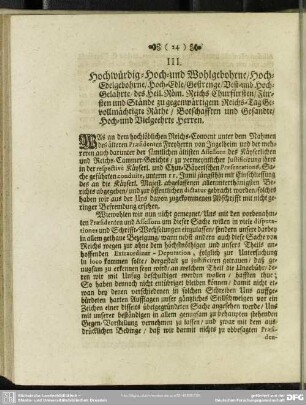 III. Hochwürdig- Hoch- und Wohlgebohrne, Hoch-Edelgebohrne, Hoch-Edle ...Hoch- und Vielgeehrte Herren