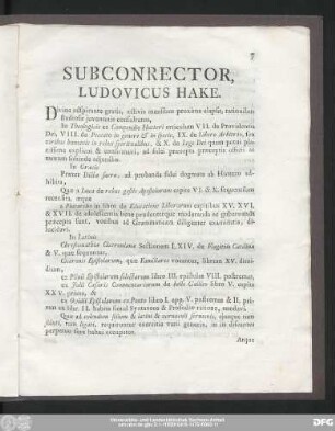 Subconrector, Ludovicus Hake.