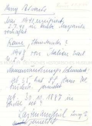 Notizzettel einer Anwältin zu Zeugen in einem Entschädigungsverfahren - Familienkonvolut