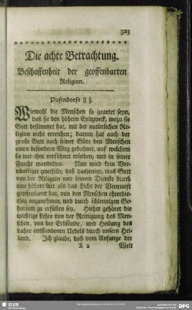 Die achte Betrachtung. Beschaffenheit der geoffenbarten Religion