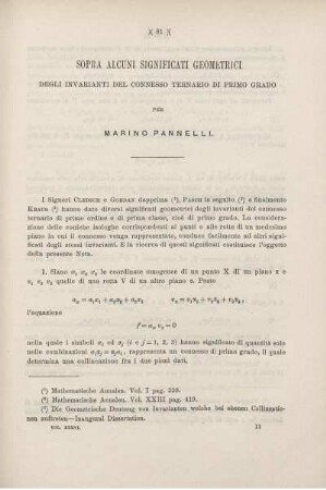 Sopra alcuni significati geometrici. Degli invarianti del connesso trenario primo grado