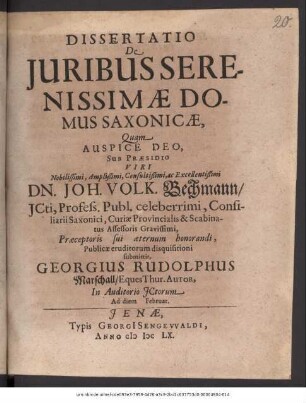 Dissertatio De Iuribus Serenissimae Domus Saxonicae