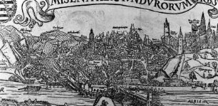 Meißen. Stadtansicht mit Walke links vom Brückenturm, Ausschnitt, 1558