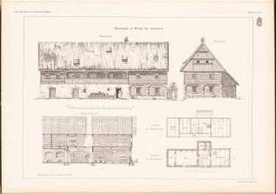 Bauerngut, Leitmeritz: Grundriss EG, 1. OG, Hauptansicht, Ansicht von der Giebelseite, Längsschnitt (aus: Das Bauernhaus in Österreich-Ungarn, hrsg.v. Ingenieur- und Architektenverein, 1906)