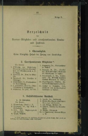 Anlage E. Verzeichnis der Vereins-Mitglieder und correspondirenden Vereine und Institute