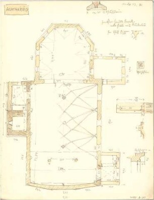 Weysser, C. Fritz; Bayern; Miesbach; Bauaufnahmen (Zeichenheft) - Kirche in Agatharied (Grundriss, Details)