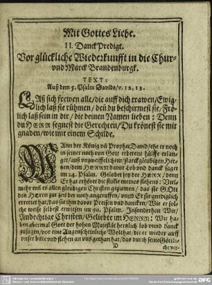 II. Danck Predigt. Vor glückliche Wiederkunfft in die Chur und Marck Brandenburgk