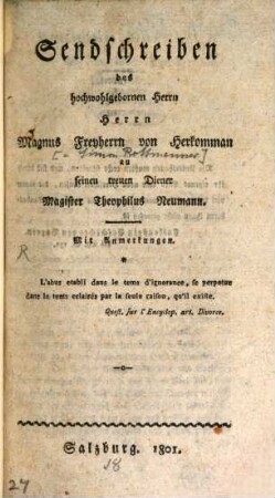 Sendschreiben des hochwohlgebornen Herrn Herrn Magnus Freyherrn von Herkomman an seinen treuen Diener Magister Theophilus Neumann : Mit Anmerkungen