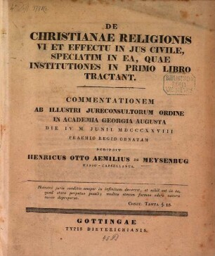 De christianae religionis vi et effectu in ius civile, speciatim ea, quae Institutiones in primo libro tractant