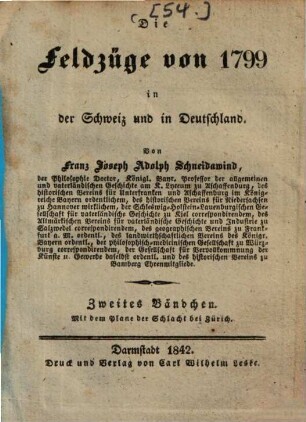 Die Feldzüge von 1799 in der Schweiz und in Deutschland, 2 : Mit dem Plane der Schlacht bei Zürich