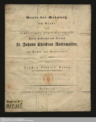Worte der Wehmuth, am Grabe des ... Johann Christian Rosenmüller