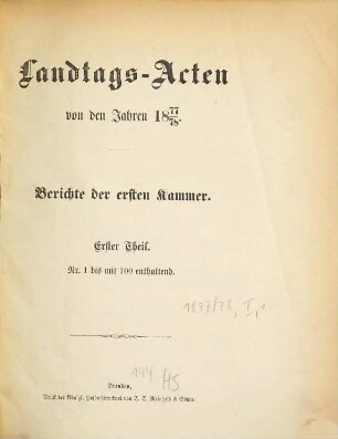 Landtags-Akten. Berichte der 1. Kammer. 1877/78, Bd. 1