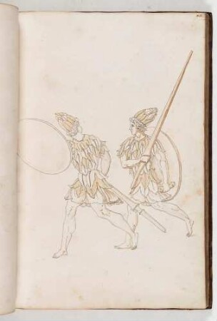 Zwei Knappen mit Schilden und Lanzen, in: Equestrium statuarum [...] formae [...] artificiosissime pictis, Bl. 45